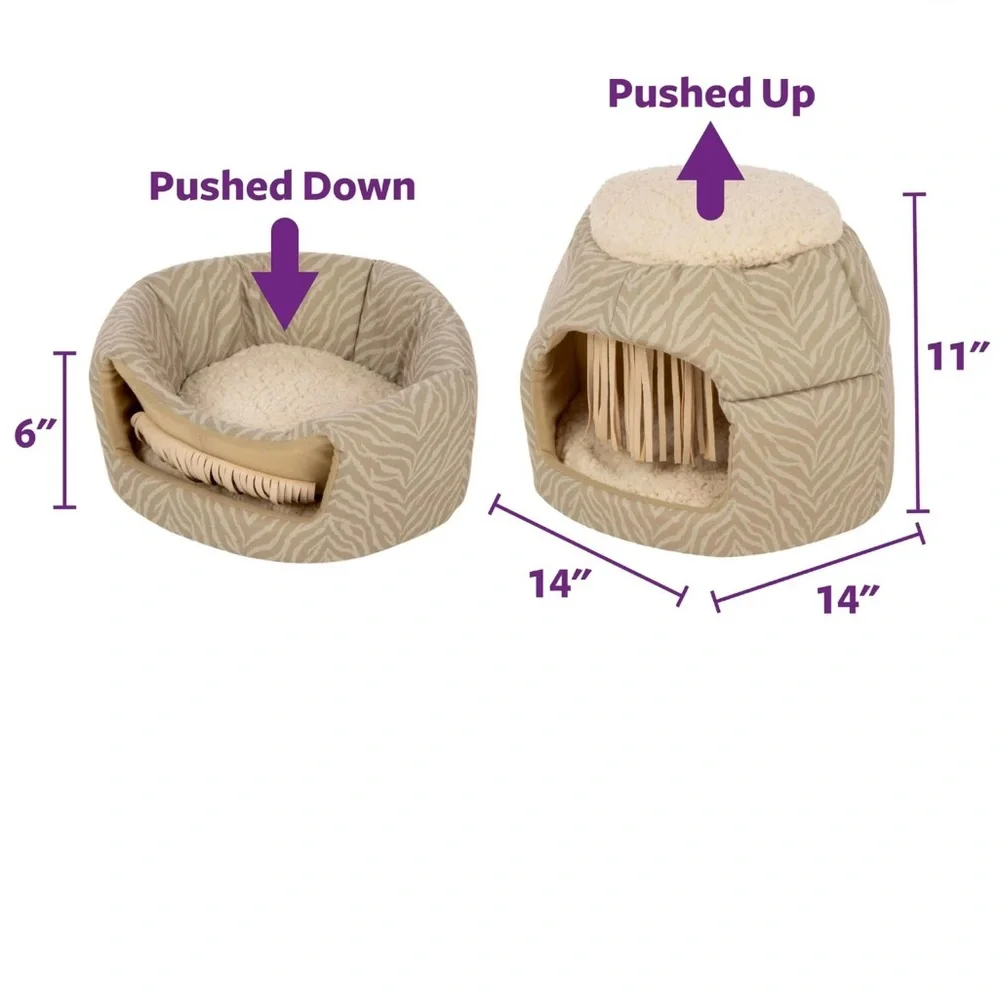 2 In 1 SmartyKat Fringed Honeycomb Convertible Cat Bed Pop Up Or Push Down Tiger